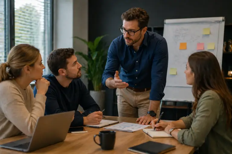 Leidinggevende bespreekt strategie met team tijdens overleg in moderne vergaderruimte