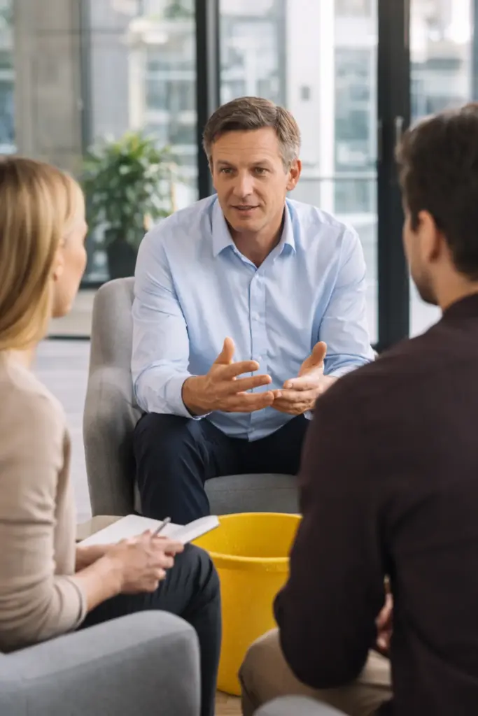 Leidinggevende in gesprek met twee medewerkers tijdens een leiderschapstraining in een moderne kantooromgeving