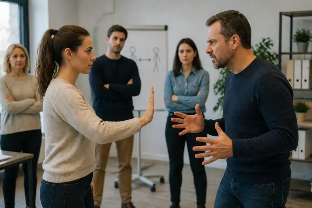 Professionele trainingssituatie waarin een medewerker rustig een grens aangeeft tegenover een boze collega terwijl anderen toekijken