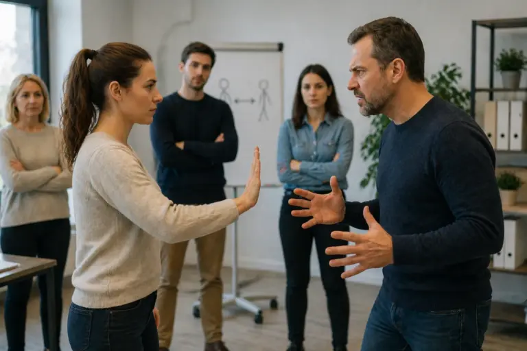 Professionele trainingssituatie waarin een medewerker rustig een grens aangeeft tegenover een boze collega terwijl anderen toekijken