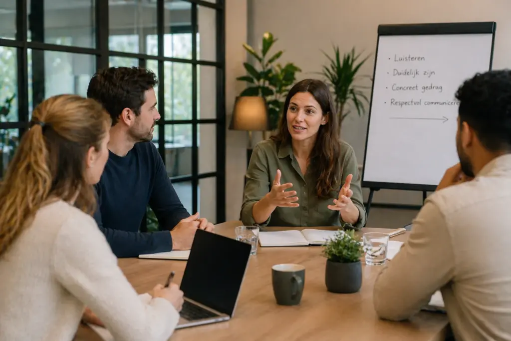 Teamoverleg waarin professionals actief luisteren en feedback bespreken in een moderne werkomgeving