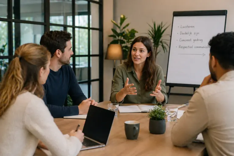 Teamoverleg waarin professionals actief luisteren en feedback bespreken in een moderne werkomgeving