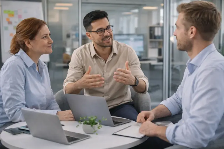 Drie collega’s voeren een open en constructief feedbackgesprek in een moderne kantooromgeving