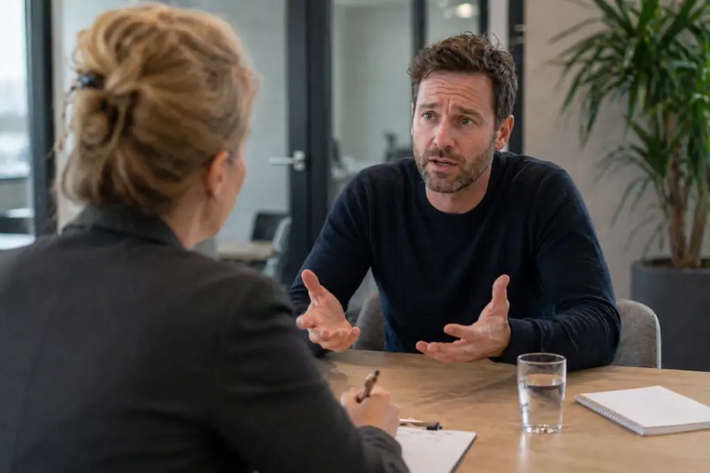 Professioneel rollenspel waarin een man een intens gesprek voert met een trainingsacteur tijdens een communicatietraining