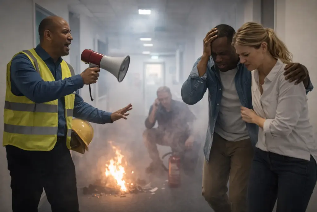 Veiligheidstraining met realistisch scenario waarbij medewerkers reageren op rook en brand in een kantooromgeving