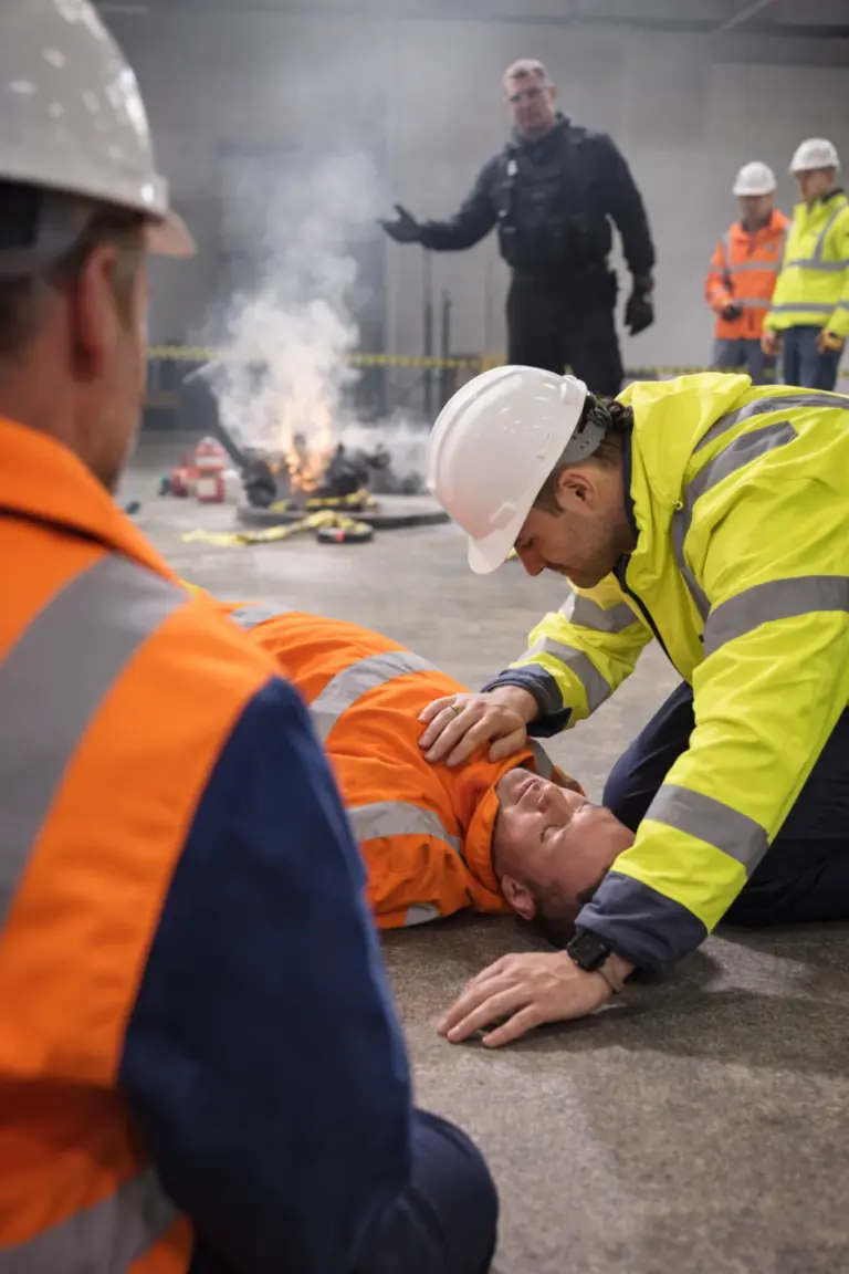 Medewerkers oefenen een realistische veiligheidstraining met een noodsituatie