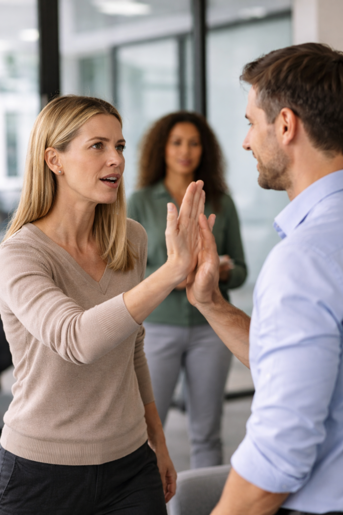 Twee professionals oefenen met assertieve communicatie tijdens een weerbaarheidstraining in een moderne kantoorruimte