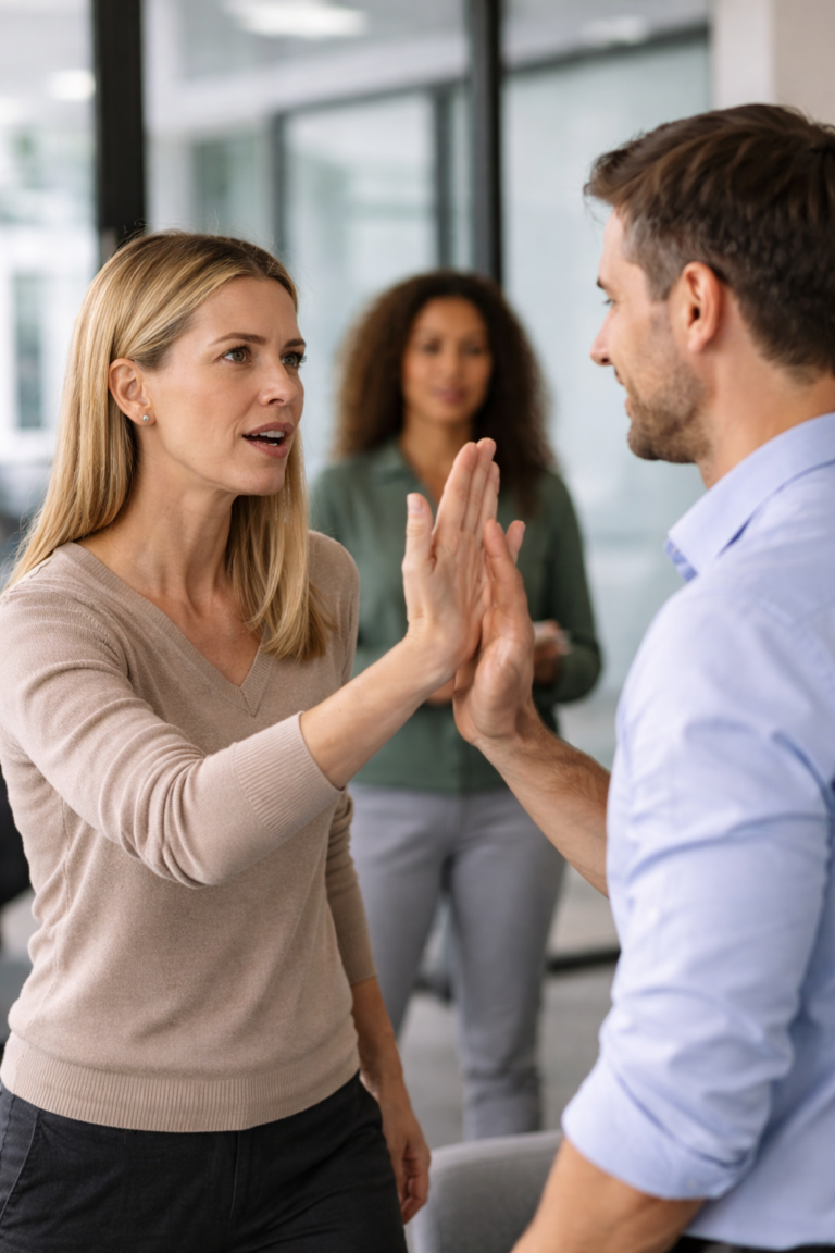 Twee professionals oefenen met assertieve communicatie tijdens een weerbaarheidstraining in een moderne kantoorruimte