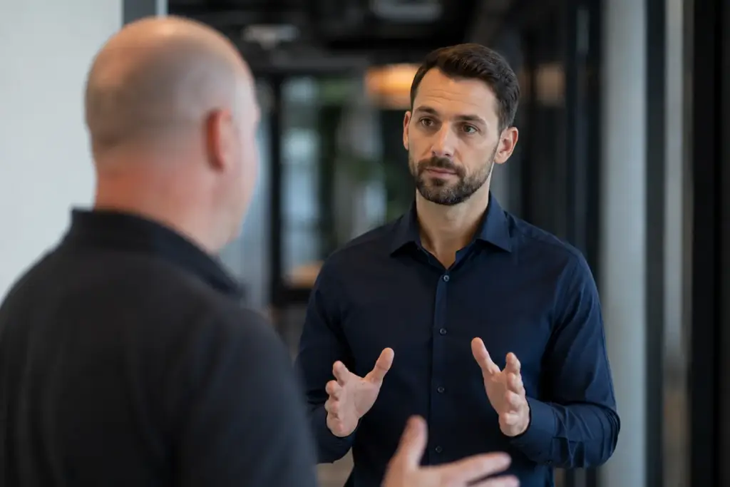 Agressie cursus met trainer die rustig gesprek voert in werksituatie