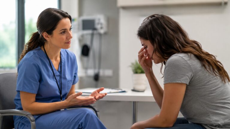 Agressie training zorg waarbij een zorgmedewerker rustig praat met een emotionele patient
