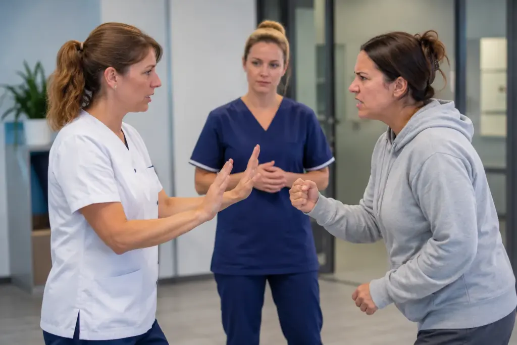 Agressietraining zorg met zorgmedewerker in oefensituatie
