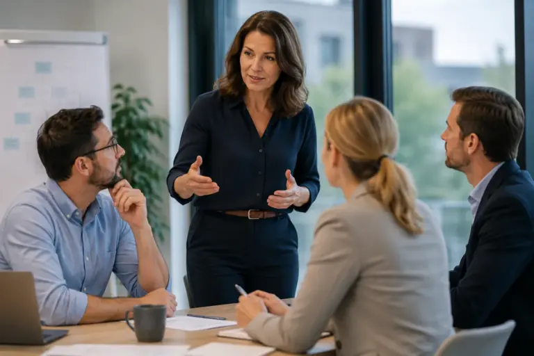 Leiderschapstraining met teamoverleg in moderne ruimte