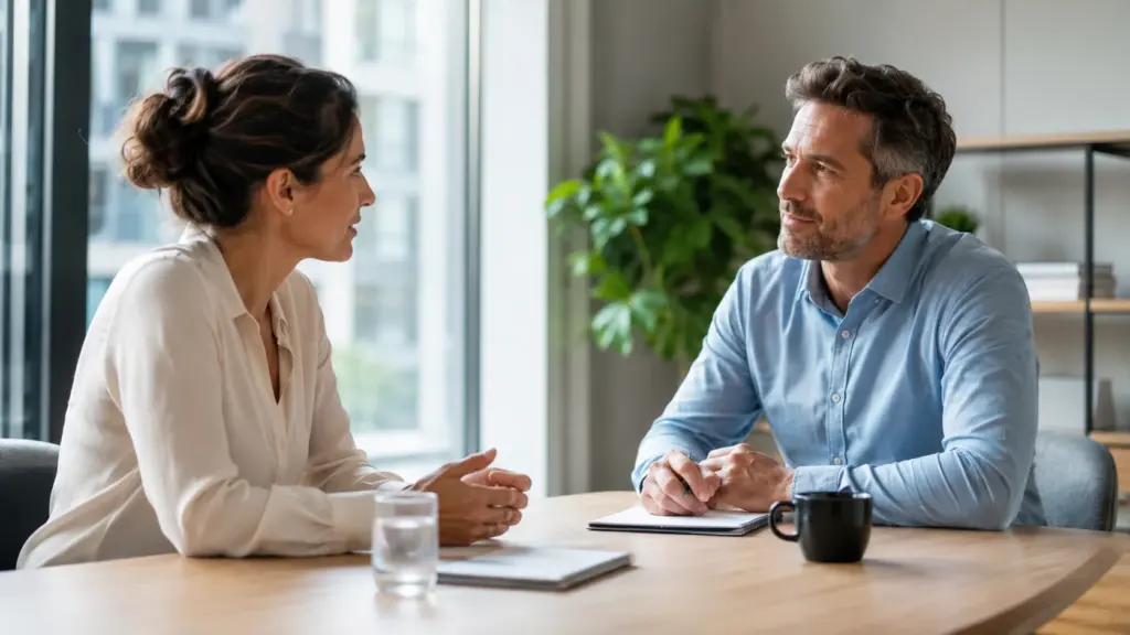 Training feedback geven en ontvangen waarbij twee professionals rustig een open feedbackgesprek voeren