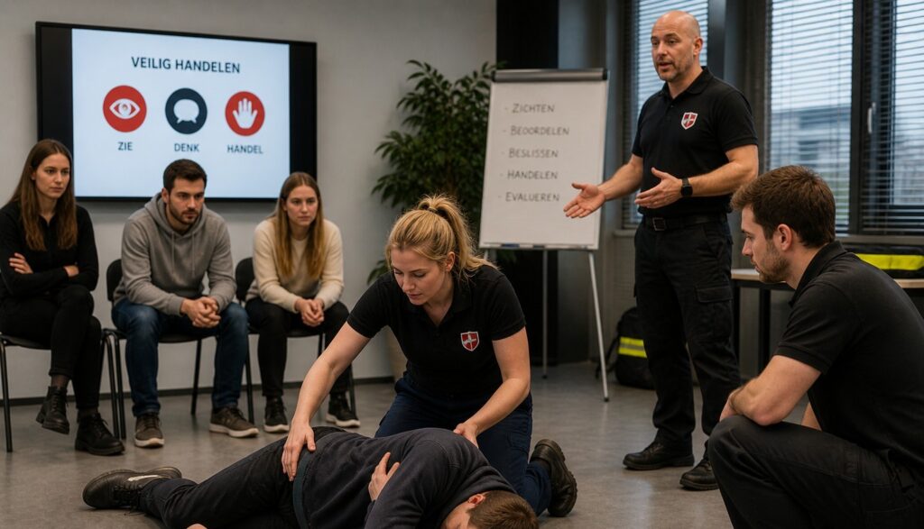 Medewerkers oefenen veiligheidshandeling tijdens praktijkgerichte training