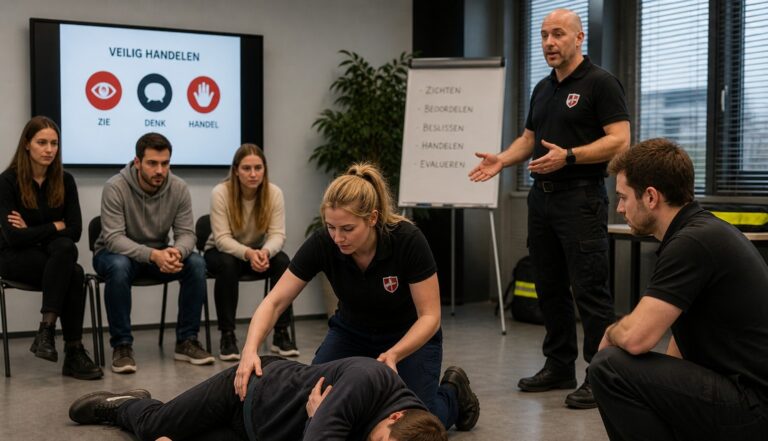 Medewerkers oefenen veiligheidshandeling tijdens praktijkgerichte training