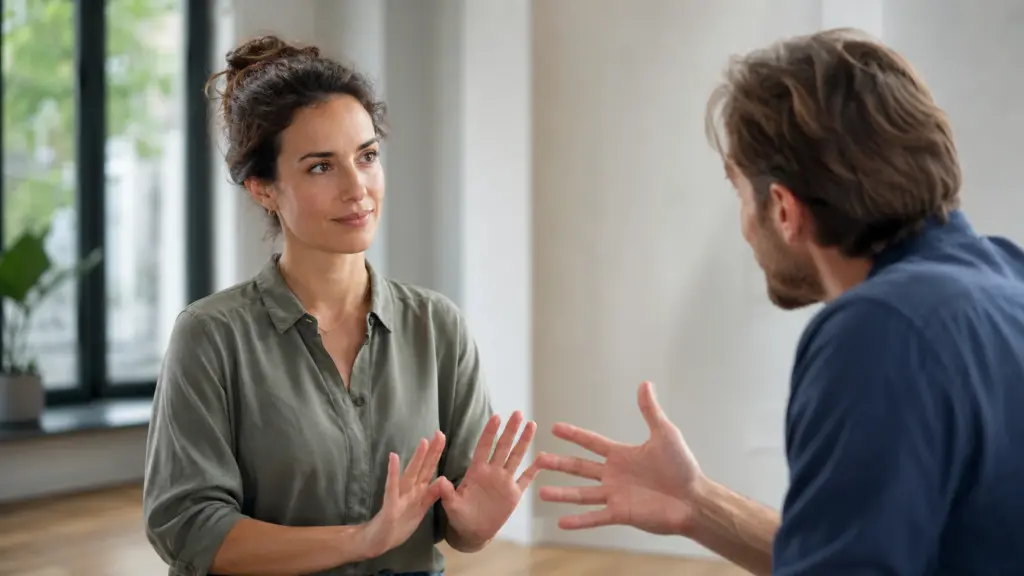 Weerbaarheidstraining waarbij een vrouw rustig haar grens aangeeft tijdens een gesprek met spanning