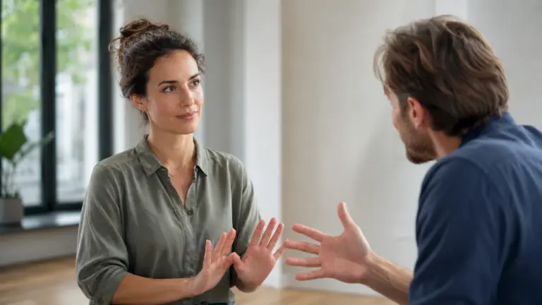 Weerbaarheidstraining waarbij een vrouw rustig haar grens aangeeft tijdens een gesprek met spanning