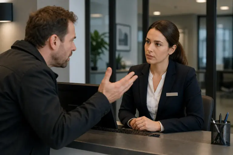 Medewerker blijft rustig en professioneel tijdens een gespannen gesprek met een klant aan een balie.