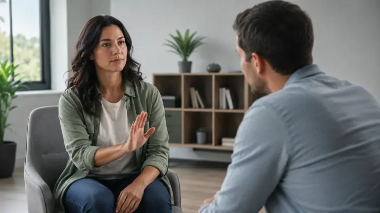 Trainingsacteur gezocht waarbij twee professionals een realistisch gesprek oefenen in een moderne trainingsruimte