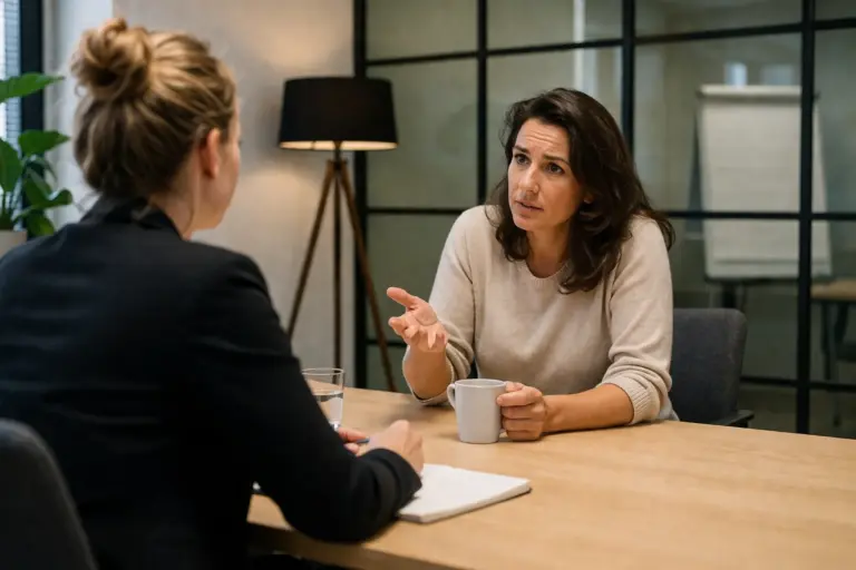 Twee professionals oefenen een realistisch gesprek in een moderne trainingsruimte.