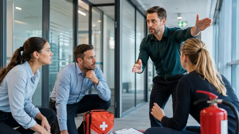 Team oefent noodsituatie tijdens veiligheidstrainingen op kantoor