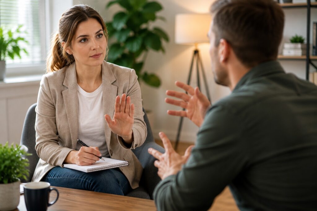 Agressie regulatie training waarbij een professional rustig communiceert tijdens een gespannen gesprek om escalatie te voorkomen.