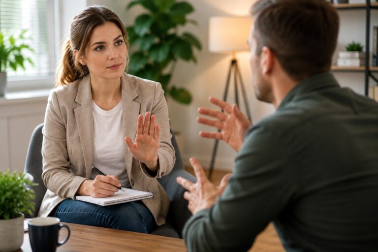 Agressie regulatie training waarbij een professional rustig communiceert tijdens een gespannen gesprek om escalatie te voorkomen.