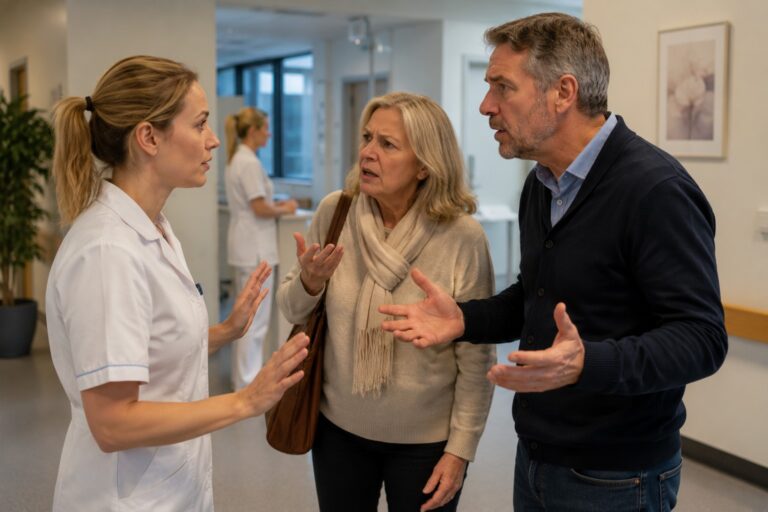 Agressie training zorg met zorgverlener die professioneel communiceert met een gespannen patient en bezoeker