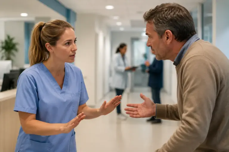 Agressie training zorg waarbij een zorgmedewerker rustig communiceert met een gespannen patient in een zorgomgeving.