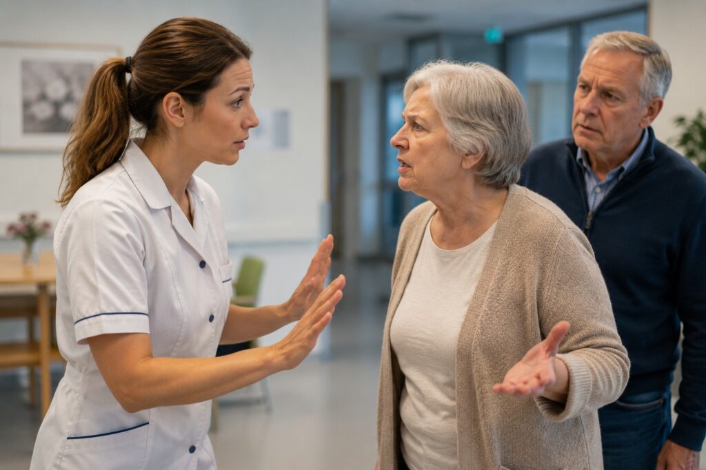 Agressietraining zorg waarbij een zorgverlener empathisch en professioneel reageert op een emotionele patient
