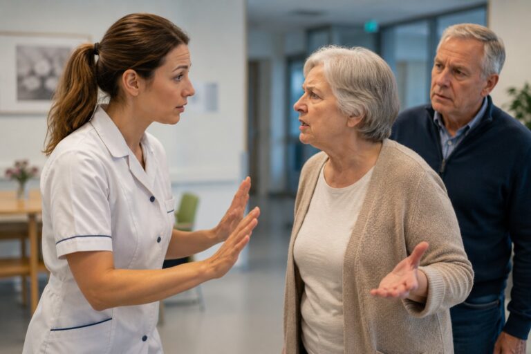Agressietraining zorg waarbij een zorgverlener empathisch en professioneel reageert op een emotionele patient