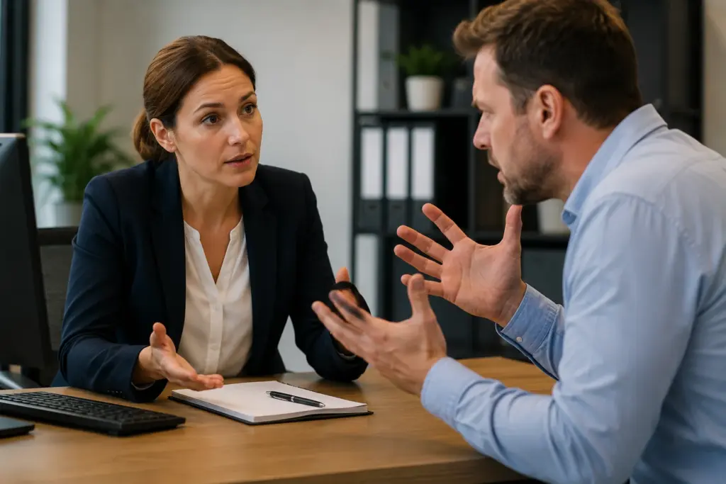 Cursus omgaan met lastige klanten waarbij een professional rustig communiceert met een klant tijdens een gespannen gesprek.