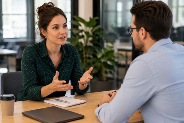 Effectief communiceren training waarbij twee professionals actief luisteren en helder communiceren tijdens een gesprek.