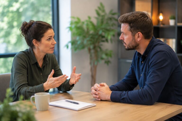 Geweldloze communicatie training waarbij twee professionals rustig een conflict bespreken zonder verwijten
