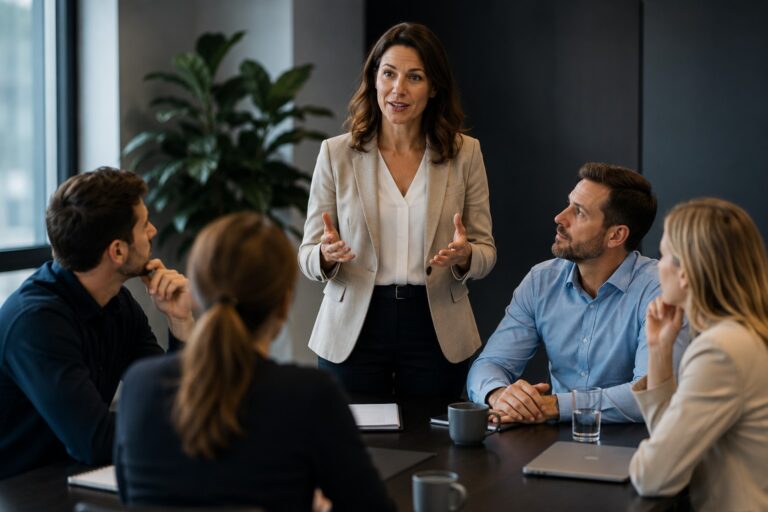 Leiderschapstraining waarbij een leidinggevende een team inspireert met duidelijke communicatie en richting.