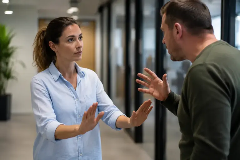 Omgaan met agressie training waarbij een professional rustig reageert tijdens een gespannen gesprek en een conflict de escaleert.