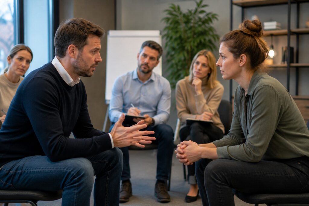 Trainingsacteur gezocht tijdens een realistische oefensituatie met deelnemers die communicatieve vaardigheden trainen