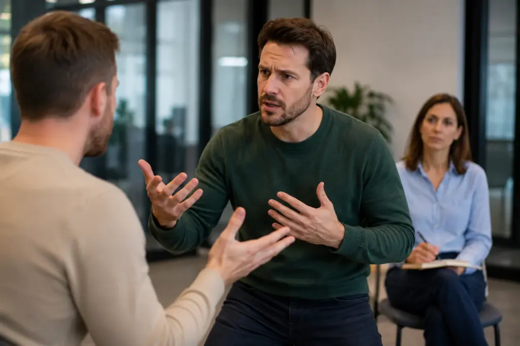 Trainingsacteur gezocht tijdens een realistische oefensituatie waarin deelnemers communicatie en professionele vaardigheden trainen.